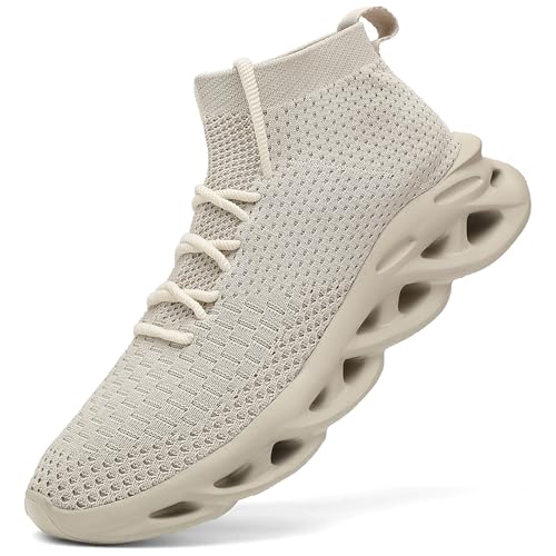 VNANV Modische Wanderschuhe für Herren, leicht, atmungsaktiv, Netz-Stricksocken-Sneaker für Fitnessstudio, Freizeit, Laufen, Workout, Slip-On-Sportschuhe, Beige, 41 EU von VNANV