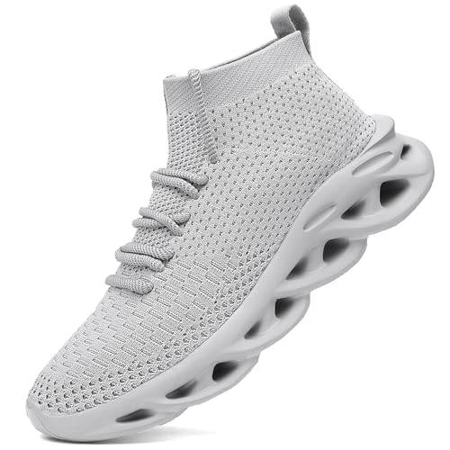 VNANV Modische Wanderschuhe für Herren, leicht, atmungsaktiv, Netz-Stricksocken-Sneaker für Fitnessstudio, Freizeit, Laufen, Workout, Slip-On-Sportschuhe, GRAU, 50.5 EU von VNANV