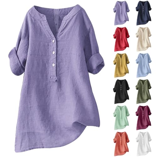 Bluse Damen V Ausschnitt Baumwolle Leinen Bluse Sommer Button-Down Oberteile Freizeithemd Mode Longshirt Pullover Lose Tunika Basic Shirt Leinenbluse Atmungsaktive Elegante Blusenshirt von VNBUY