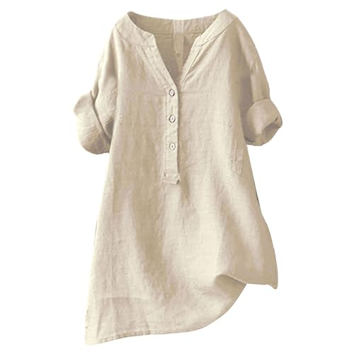 Bluse Damen V Ausschnitt Baumwolle Leinen Bluse Sommer Button-Down Oberteile Freizeithemd Mode Longshirt Pullover Lose Tunika Basic Shirt Leinenbluse Atmungsaktive Elegante Blusenshirt von VNBUY