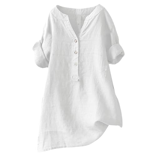 Bluse Damen V Ausschnitt Baumwolle Leinen Bluse Sommer Button-Down Oberteile Freizeithemd Mode Longshirt Pullover Lose Tunika Basic Shirt Leinenbluse Atmungsaktive Elegante Blusenshirt von VNBUY