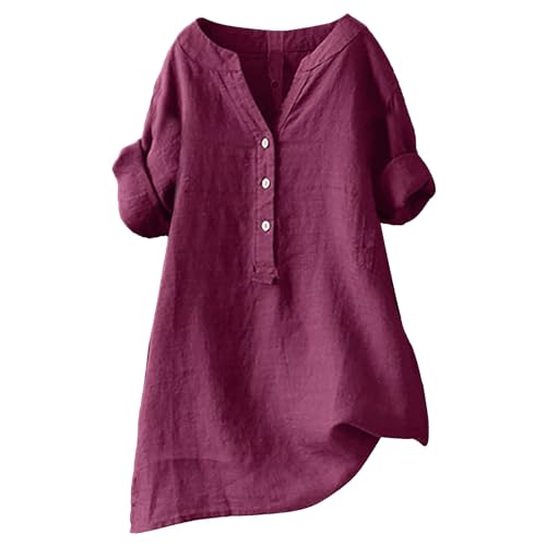 Bluse Damen V Ausschnitt Baumwolle Leinen Bluse Sommer Button-Down Oberteile Freizeithemd Mode Longshirt Pullover Lose Tunika Basic Shirt Leinenbluse Atmungsaktive Elegante Blusenshirt von VNBUY