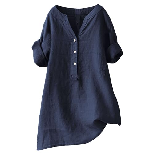 Bluse Damen V Ausschnitt Baumwolle Leinen Bluse Sommer Button-Down Oberteile Freizeithemd Mode Longshirt Pullover Lose Tunika Basic Shirt Leinenbluse Atmungsaktive Elegante Blusenshirt von VNBUY