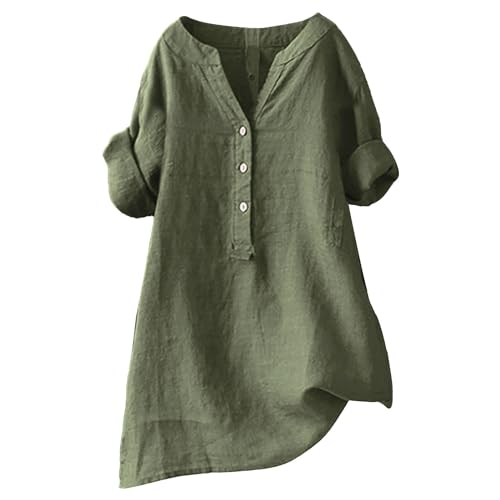 Bluse Damen V Ausschnitt Baumwolle Leinen Bluse Sommer Button-Down Oberteile Freizeithemd Mode Longshirt Pullover Lose Tunika Basic Shirt Leinenbluse Atmungsaktive Elegante Blusenshirt von VNBUY
