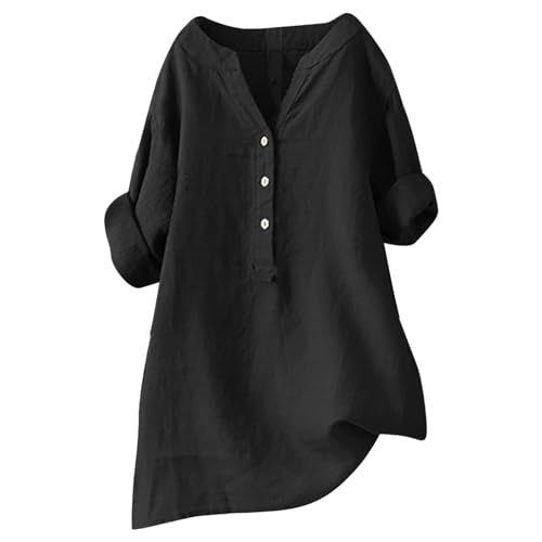 Bluse Damen V Ausschnitt Baumwolle Leinen Bluse Sommer Button-Down Oberteile Freizeithemd Mode Longshirt Pullover Lose Tunika Basic Shirt Leinenbluse Atmungsaktive Elegante Blusenshirt von VNBUY