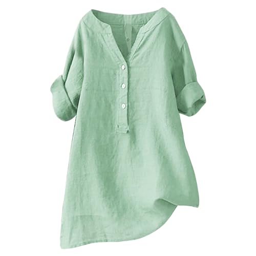 Bluse Damen V Ausschnitt Baumwolle Leinen Bluse Sommer Button-Down Oberteile Freizeithemd Mode Longshirt Pullover Lose Tunika Basic Shirt Leinenbluse Atmungsaktive Elegante Blusenshirt von VNBUY