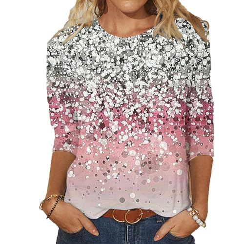 Damen 3/4 Arm Oberteile Tops Sommer Elegant Tshirt Bluse mit Rundhalsausschnitt Bunte Blumen Drucken Vintage Pullover Teenager Mädchen Mode Pulli Tunika Freizeit T Shirts Damenblusen für Frauen von VNBUY