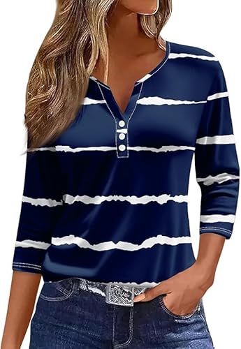 Damen Bluse 3/4 arm elegant v-Ausschnitt Gestreift Einfarbig Druck Tshirt Oberteile Lässige Casual Streifen Henley Tshirt Stretch Oberteile Casual Bluse Tops Damen Bluse 3/4 arm elegant v-Ausschnitt Gestreift Einfarbig Druck Tshirt Oberteile Lässige Casual Streifen Henley Tshirt Stretch Oberteile Casual Bluse Tops von VNBUY