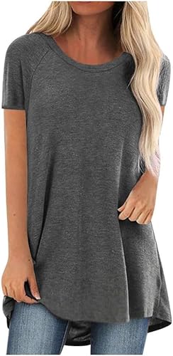 Damen Lang Kurzarm T-Shirt Lässig Blusen Sommer Elegant Einfarbig Oberteile für Leggings Große Größen Damenblusen Rundhals Longshirt Frauen bluse Lange Sommerbluse Sexy Lose Bunt Tunika Oberteil von VNBUY