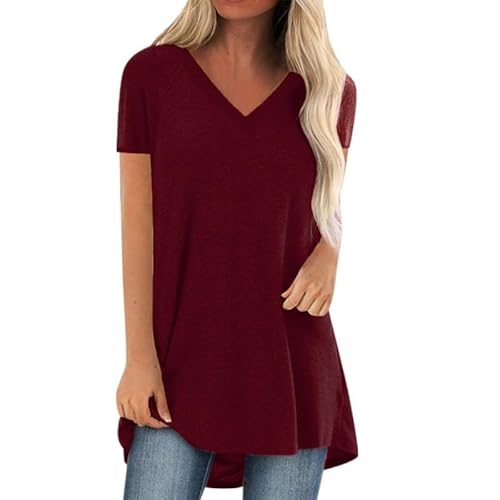 Damen Lang Kurzarm T-Shirt Lässig Blusen Sommer Elegant Einfarbig Oberteile für Leggings Große Größen Damenblusen Rundhals Longshirt Frauen bluse Lange Sommerbluse Sexy Lose Bunt Tunika Oberteil von VNBUY