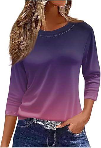 Damen T-Shirt 3/4 Arm Blusen Shirt mit Print Elegant Baumwolle unika Tops Rundhals Sommershirts Leichte Bluse Klassische Oberteil Basic Tops von VNBUY