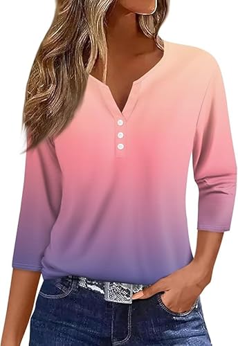 Damen T-Shirts 3/4 Ärmel V-Ausschnitt Knopfleiste Oberteile Gestreifte/einfarbig/Drucken Elegant Lässige Casual Streifen Henley Frühling Sommer Tshirt Vintage Sport Tops ﻿ von VNBUY