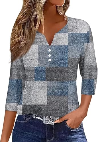 Damen T-Shirts 3/4 Ärmel V-Ausschnitt Knopfleiste Oberteile Gestreifte/einfarbig/Drucken Elegant Lässige Casual Streifen Henley Frühling Sommer Tshirt Vintage Sport Tops ﻿ von VNBUY