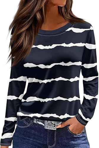 Langarmshirt Damen Rundhals Streifen Sport Langarm geometrischem Druck Tunika Shirt Elegant Casual Oberteile Vintage Langarmshirt Mode Landhausmode Atmungsaktiv Freizeit von VNBUY