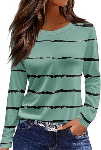 Langarmshirt Damen Rundhals Streifen Sport Langarm geometrischem Druck Tunika Shirt Elegant Casual Oberteile Vintage Langarmshirt Mode Landhausmode Atmungsaktiv Freizeit von VNBUY