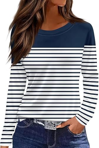 Langarmshirt Damen Rundhals Streifen Sport Langarm geometrischem Druck Tunika Shirt Elegant Casual Oberteile Vintage Langarmshirt Mode Landhausmode Atmungsaktiv Freizeit von VNBUY