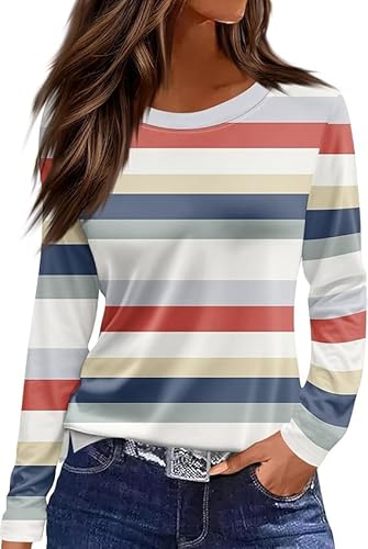 Langarmshirt Damen Rundhals Streifen Sport Langarm geometrischem Druck Tunika Shirt Elegant Casual Oberteile Vintage Langarmshirt Mode Landhausmode Atmungsaktiv Freizeit von VNBUY