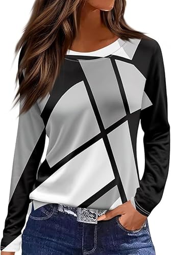 Langarmshirt Damen Rundhals Streifen Sport Langarm geometrischem Druck Tunika Shirt Elegant Casual Oberteile Vintage Langarmshirt Mode Landhausmode Atmungsaktiv Freizeit von VNBUY