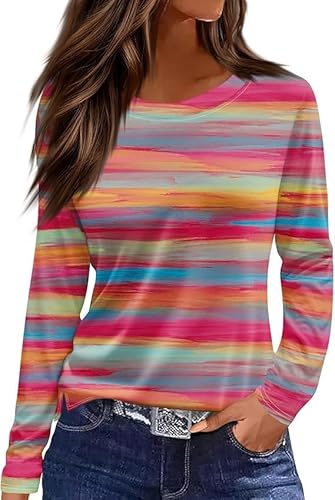 Langarmshirt Damen Rundhals Streifen Sport Langarm geometrischem Druck Tunika Shirt Elegant Casual Oberteile Vintage Langarmshirt Mode Landhausmode Atmungsaktiv Freizeit von VNBUY