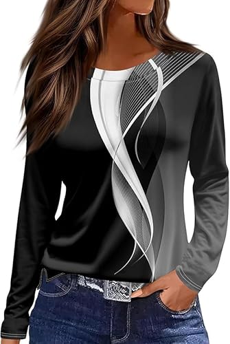Langarmshirt Damen Rundhals Streifen Sport Langarm geometrischem Druck Tunika Shirt Elegant Casual Oberteile Vintage Langarmshirt Mode Landhausmode Atmungsaktiv Freizeit von VNBUY