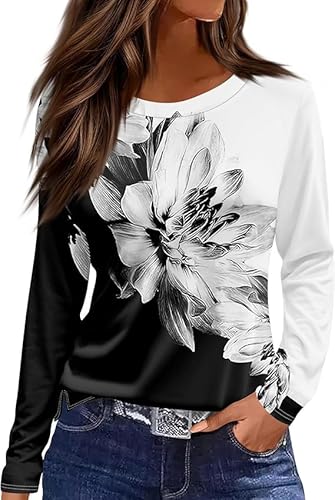 Langarmshirt Damen Rundhals Streifen Sport Langarm geometrischem Druck Tunika Shirt Elegant Casual Oberteile Vintage Langarmshirt Mode Landhausmode Atmungsaktiv Freizeit von VNBUY