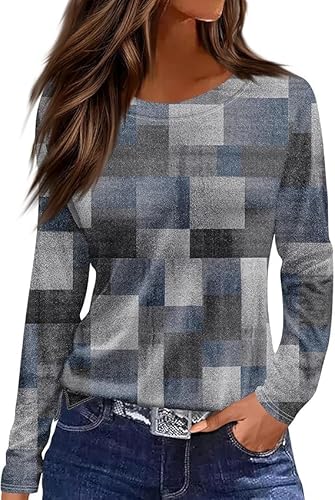 Langarmshirt Damen Rundhals Streifen Sport Langarm geometrischem Druck Tunika Shirt Elegant Casual Oberteile Vintage Langarmshirt Mode Landhausmode Atmungsaktiv Freizeit von VNBUY