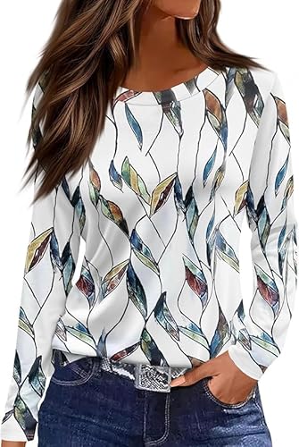 Langarmshirt Damen Rundhals Streifen Sport Langarm geometrischem Druck Tunika Shirt Elegant Casual Oberteile Vintage Langarmshirt Mode Landhausmode Atmungsaktiv Freizeit von VNBUY
