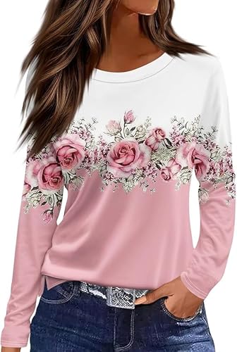 Langarmshirt Damen Rundhals Streifen Sport Langarm geometrischem Druck Tunika Shirt Elegant Casual Oberteile Vintage Langarmshirt Mode Landhausmode Atmungsaktiv Freizeit von VNBUY