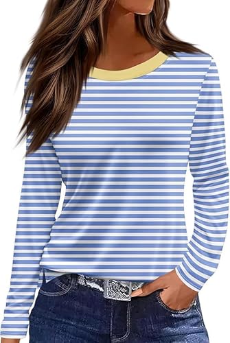 Langarmshirt Damen Rundhals Streifen Sport Langarm geometrischem Druck Tunika Shirt Elegant Casual Oberteile Vintage Langarmshirt Mode Landhausmode Atmungsaktiv Freizeit von VNBUY