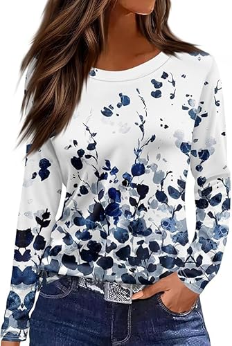 Langarmshirt Damen Rundhals Streifen Sport Langarm geometrischem Druck Tunika Shirt Elegant Casual Oberteile Vintage Langarmshirt Mode Landhausmode Atmungsaktiv Freizeit von VNBUY