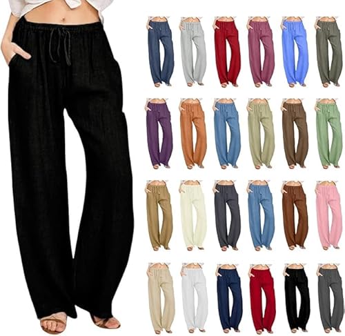 Leinenhose Damen lang Leicht Sommerhose Loose Fit Casual Locker Stoffhose Weite Beine Palazzo Weite Leg Hose Taille mit Tunnelzug und Taschen Einfarbig Freizeithose Bequem Yogahose von VNBUY