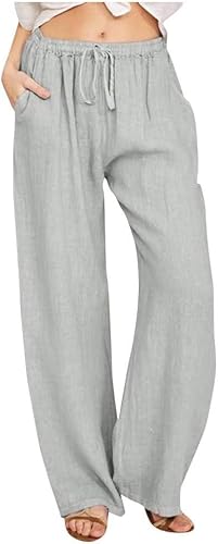 Leinenhose Damen lang Leicht Sommerhose Loose Fit Casual Locker Stoffhose Weite Beine Palazzo Weite Leg Hose Taille mit Tunnelzug und Taschen Einfarbig Freizeithose Bequem Yogahose von VNBUY