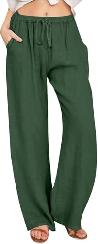 Leinenhose Damen lang Leicht Sommerhose Loose Fit Casual Locker Stoffhose Weite Beine Palazzo Weite Leg Hose Taille mit Tunnelzug und Taschen Einfarbig Freizeithose Bequem Yogahose von VNBUY