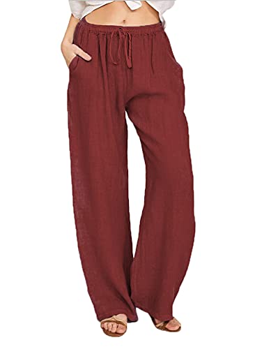 Leinenhose Damen lang Leicht Sommerhose Loose Fit Casual Locker Stoffhose Weite Beine Palazzo Weite Leg Hose Taille mit Tunnelzug und Taschen Einfarbig Freizeithose Bequem Yogahose von VNBUY