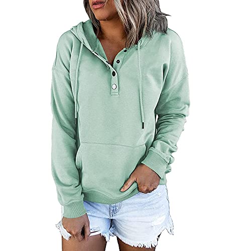 VNBUY Damen Kapuzenpullover Sweatjacke Sweatshirt Hoodie mit Kapuze Casual Einfarbig Jacke Langarm Knöpfleiste Pullover mit Kordelzug Freizeit V-Ausschnitt Mantel Kapuzenullover Tunnelzug Sweatshirt von VNBUY