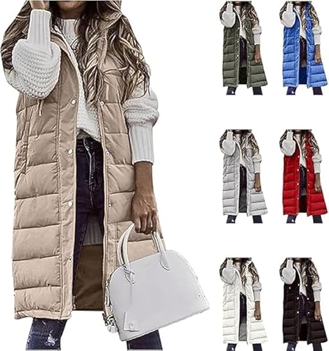 VNBUY Damen Lang Weste Steppweste Herbst Winter Daunenweste Übergangsweste Winterjacke Longweste Winterweste Leichte Warm Gesteppt Reißverschluss Pufferjacke mit Kapuze Outdoor Ärmellos Jacke von VNBUY