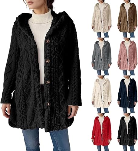 VNBUY Fleecejacke damen lang Sweatjacke Teddyjacke Knöpfe Warm Winterjacke Kapuzenjacke mit Kapuze Strickjacke PlüSchjacke Mantel GroßE GrößEn Flauschig Fleece Damenmantel von VNBUY