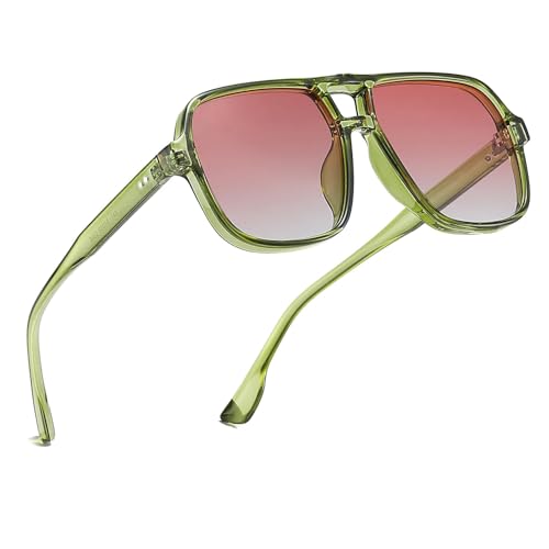 Quadratische Retro-Sonnenbrille, grüne Sonnenbrille, Vintage-Piloten-Sonnenbrille, UV400, modische Herren-Übergröße, getönte Brille mit hellrosa Gläsern, Schutz, dekorativ für Reisen, Klettern von VNDKGN