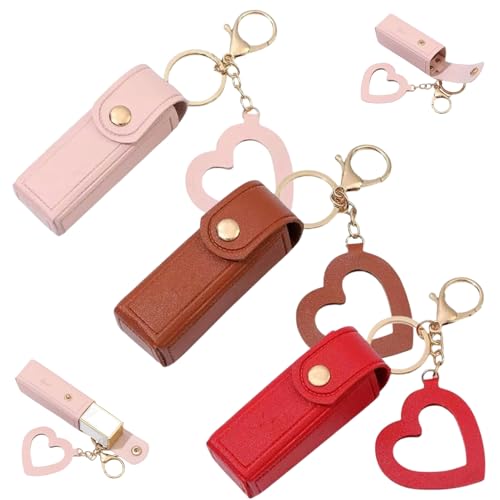 3er-Set Lippenöl-Schlüsselanhänger – Spiegel & Öl 2-in-1, Mini-Reise-Lippenstiftetui mit Spiegel, tragbarer Lippenbalsamhalter aus PU-Leder (C) von VNDUIFH