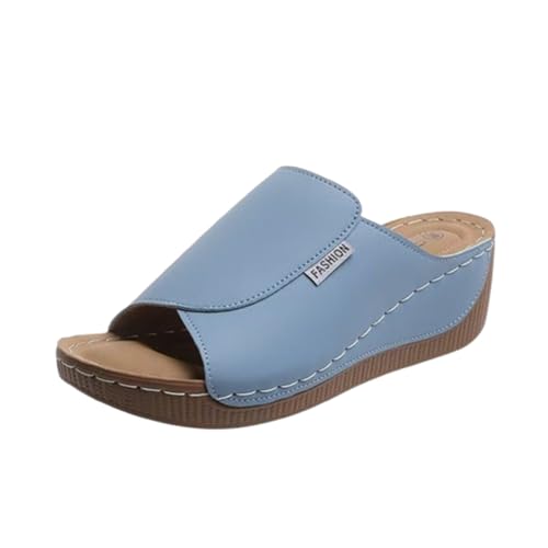 VNDUIFH Bequeme Damen-Sandalen mit Fußgewölbeunterstützung, einfarbig, atmungsaktive orthopädische Plateau-Keilsandalen aus Leder (E,X-Large) von VNDUIFH