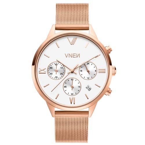 Damenuhr Quarz Uhr Vaveyla Chrono Rosegold Weiß Mesharmband in Rosegold von VNEN