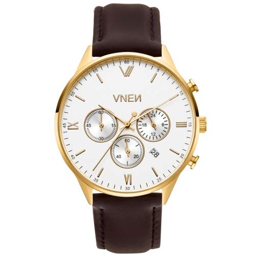 Herrenuhr Quarz Uhr Munis Chrono Gold Weiß Lederarmband Braun von VNEN