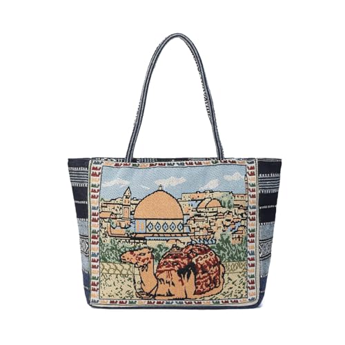 VNFIOEI Große Canvas Handtasche Damen Strandtasche Urlaubs Schultertaschen Retro Mittelgroße Bohemian-Stil Tasche Blau von VNFIOEI