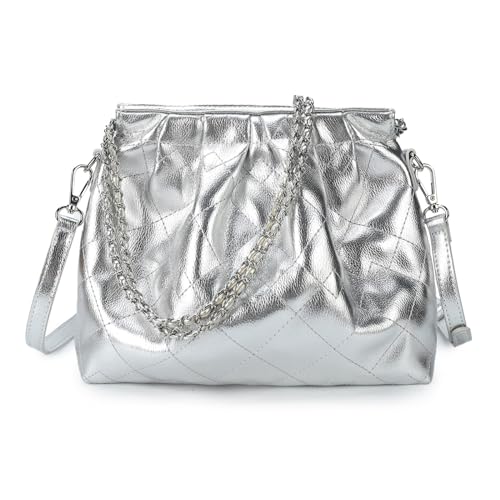 VNFIOEI Handtasche Damen PU-Leder Umhängetasche Groß Schultertasche Quilling Diamantmuster tasche Kettentasche Taschen mit Verstellbare Schultergurte Hobo Crossbody Bag(Silber) von VNFIOEI