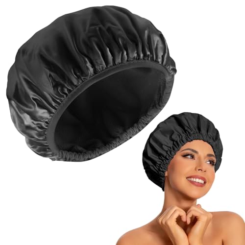 Duschhauben für Damen, dreilagige Duschhaube mit trockenem Haar, wasserdichte Duschhaube, Frottee-gefüttert, wiederverwendbar, praktisches Badezubehör, weiche Wickel für langes, dickes Haar (schwarz) Duschhauben für Damen, dreilagige Duschhaube mit trockenem Haar, wasserdichte Duschhaube, Frottee-gefüttert, wiederverwendbar, praktisches Badezubehör, weiche Wickel für langes, dickes Haar (schwarz) von VNIDJGB