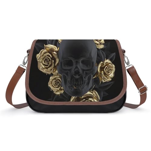VNJVPWLQW Umhängetasche Damen Schwarz-Goldener Rosenschädel Schultertasche Crossbody Tasche Handytasche Geldbörsen 31x22x11cm von VNJVPWLQW