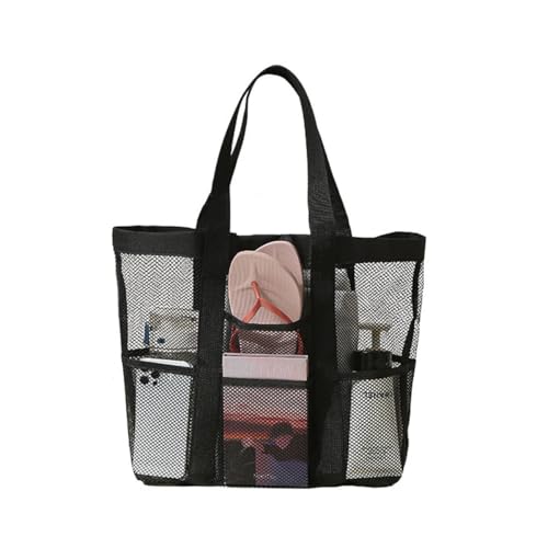 VNLCPX Strandtasche XXL, Familie Badetasche Groß mit Reißverschluss Innentasche, Beach Bag Schwarz, Mesh Strandtasche für Reisen Einkaufen und Alltag von VNLCPX
