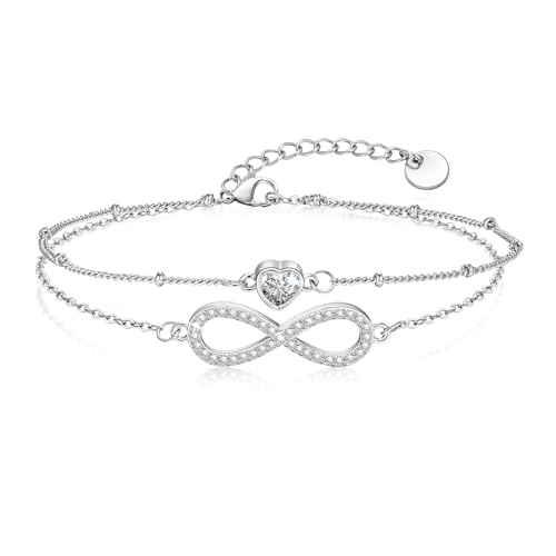 Armband Damen Unendlichkeitszeichen Silber Herz : Doppelschicht Frauen Tennisarmband Einstellbar für 14cm-20cm Handgelenk Damen Zirkonia Armbänder Schmuck Geschenk für Mädchen Mama Freund Tochter von VNOX
