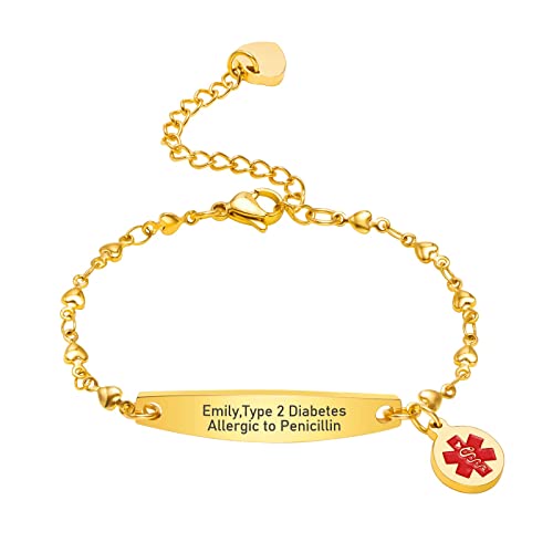 Notfallarmband Medizinisch Damen Personalisiert Uhrenarmband:VNOX Gold Plated Personalisiertes ID Armbänder mit Gravur Verstellbares Medizinischer Armband aus Edelstahl Frauen von VNOX