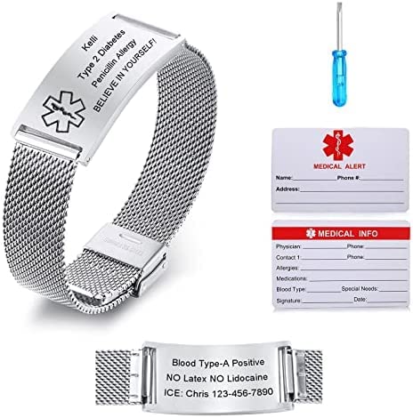 Notfallarmband Medizinisch Damen Personalisiert Uhrenarmband:VNOX Personalisiertes ID Armbänder Gravur Verstellbares Medizinischer Armband aus Edelstahl Männer von VNOX